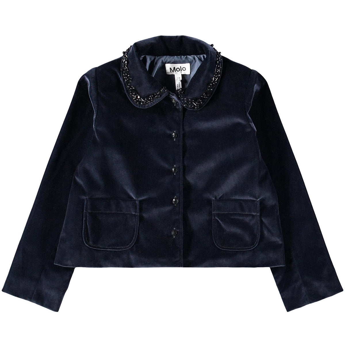 Heide Blazer by Molo navy velvet girls blazer with beaded Peter Pan collar and front patch pockets