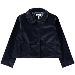 Heide Blazer by Molo navy velvet girls blazer with beaded Peter Pan collar and front patch pockets