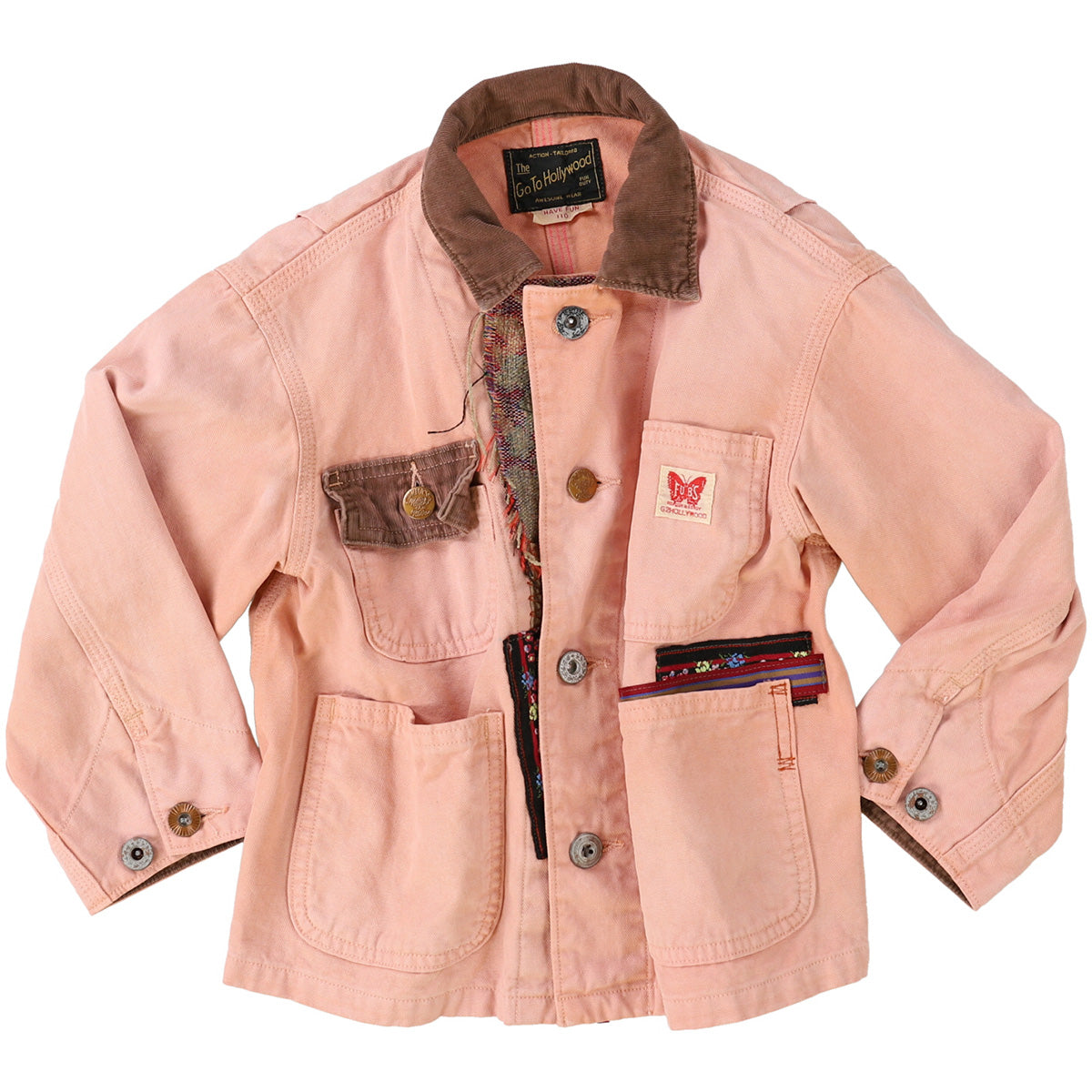 Oxford Remake Jacket from Go To Hollywood. Pink workwear-style jacket with a brown corduroy collar, contrast pockets.