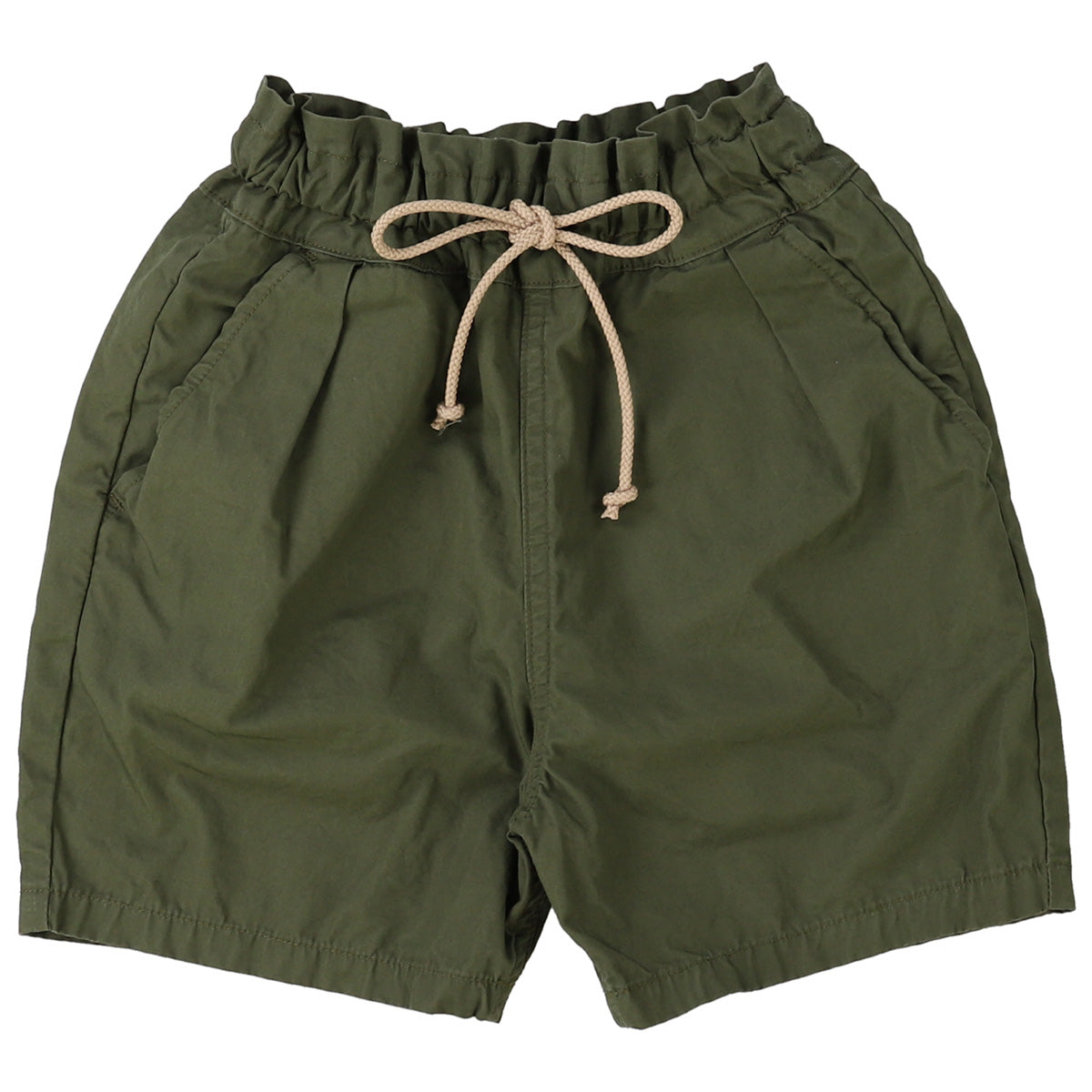 The Compact Weathercloth Shorts from Go To Hollywood. Khaki green shorts with a drawstring on a white background.