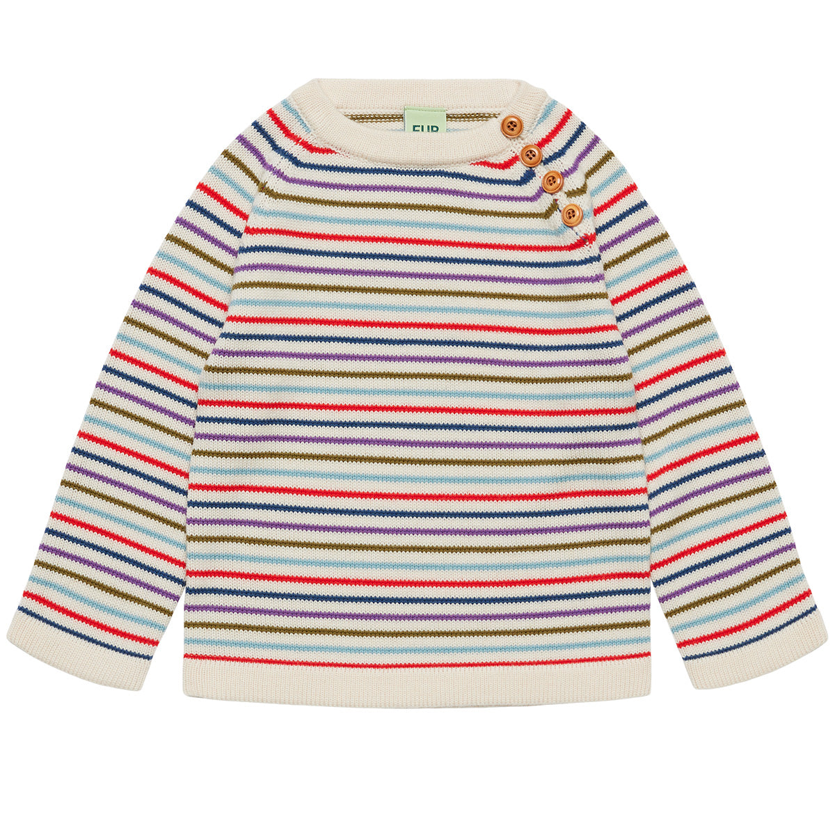 FUB Striped Sweater, kids' knitted pullover with multicolor horizontal stripes, long sleeves and button shoulder closure.