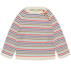 FUB Striped Sweater, kids' knitted pullover with multicolor horizontal stripes, long sleeves and button shoulder closure.