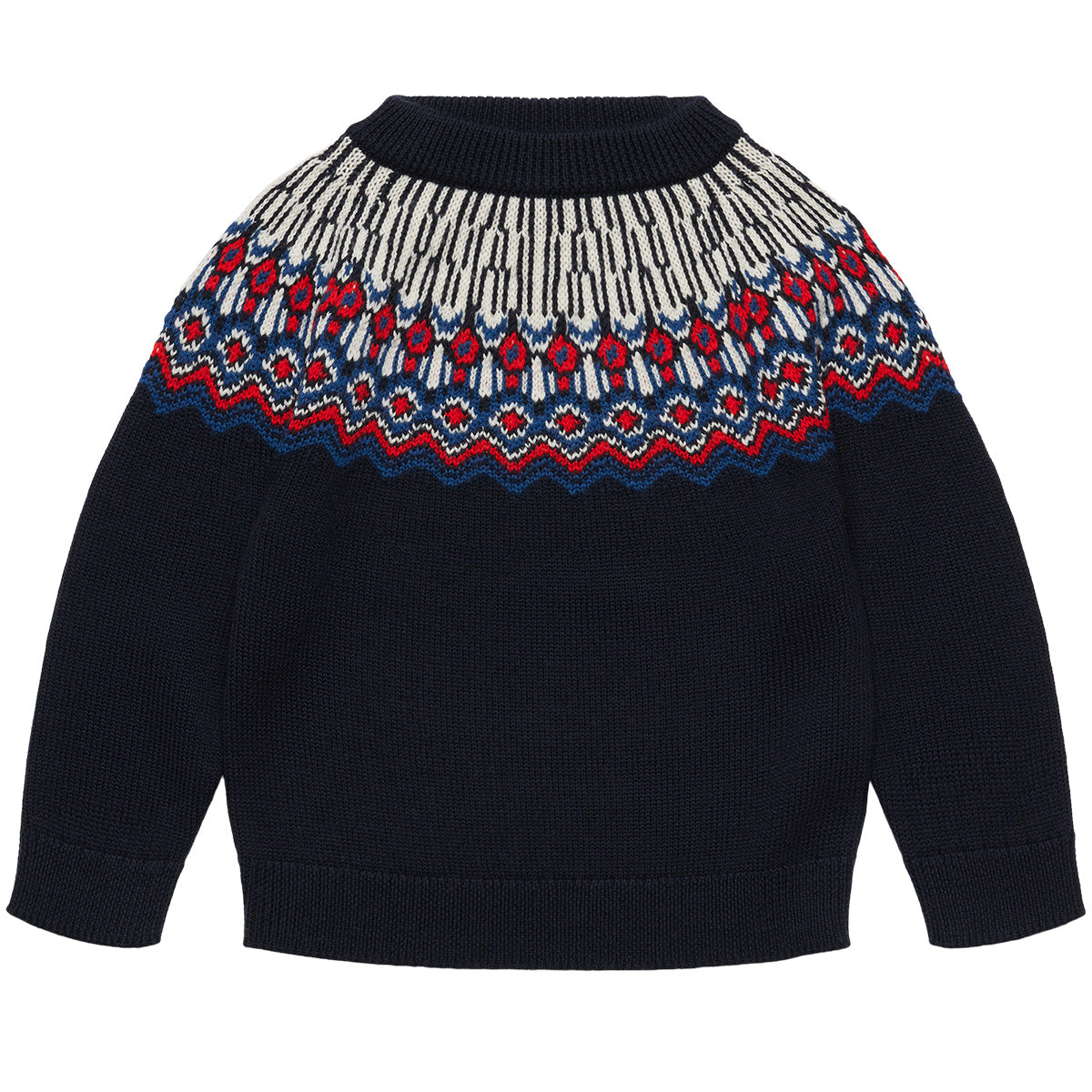 FUB Fair Isle Sweater, kids' knitted pullover with geometric Nordic pattern across the chest, long sleeves and ribbed trims.