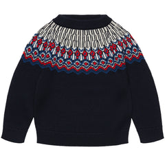 FUB Fair Isle Sweater, kids' knitted pullover with geometric Nordic pattern across the chest, long sleeves and ribbed trims.