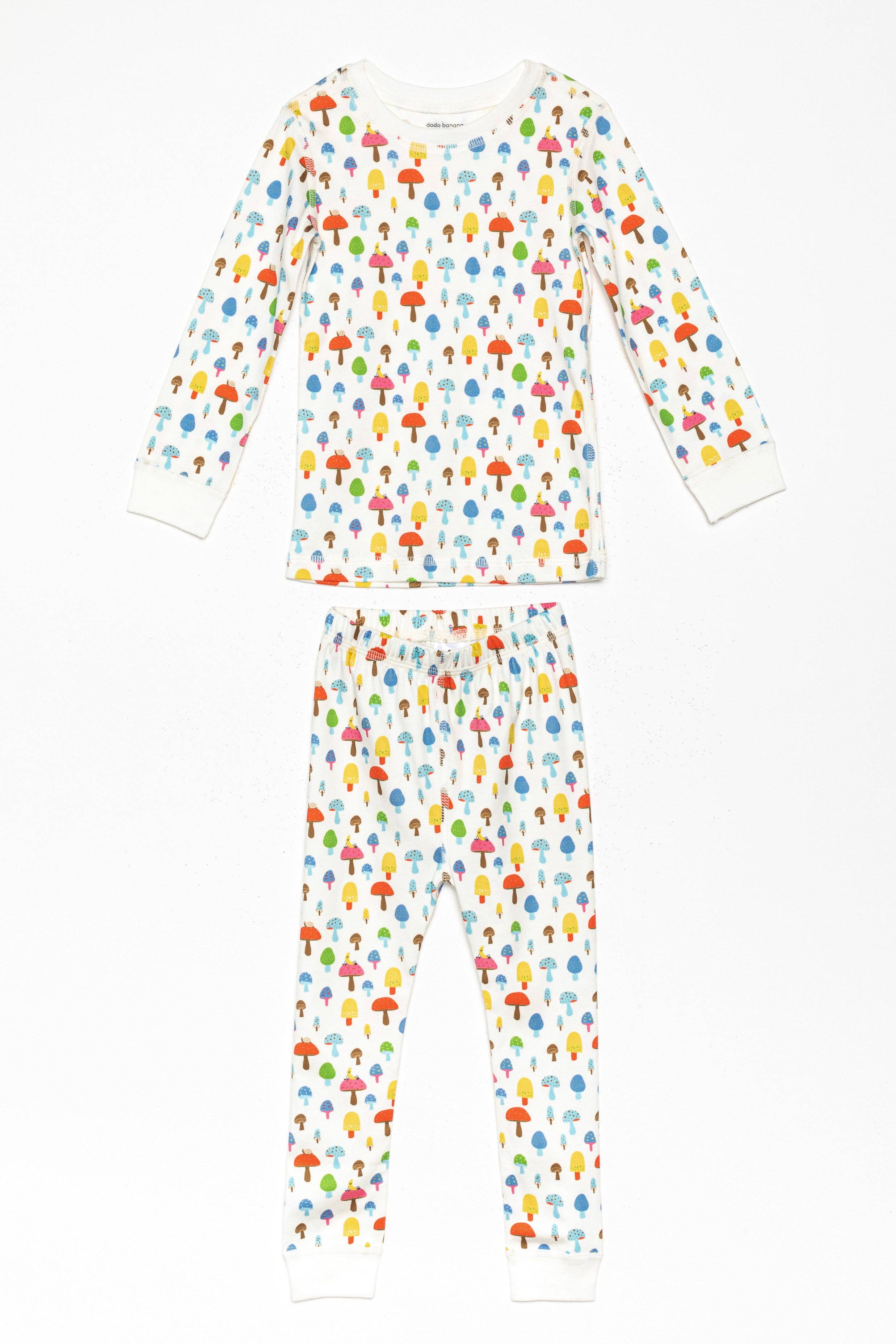Magic Mushrooms Organic Pima Cotton Pajama by Dodo Banana kids pajama set with colorful mushroom print.