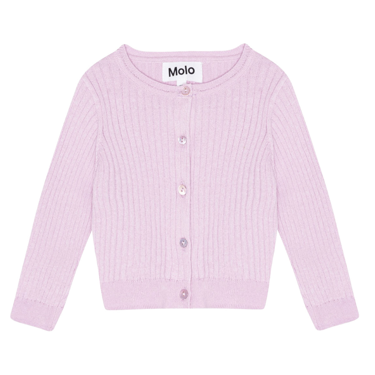 The Gabby Cardigan from Molo. Light purple knit cardigan for small children in organic cotton.