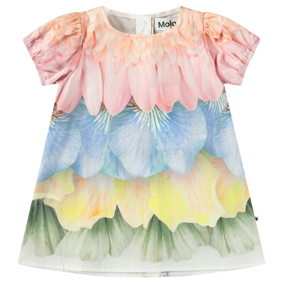 Caja Dress by Molo. A charming floral dress with a gradient of large, realistic flower petals cascading from top to bottom.