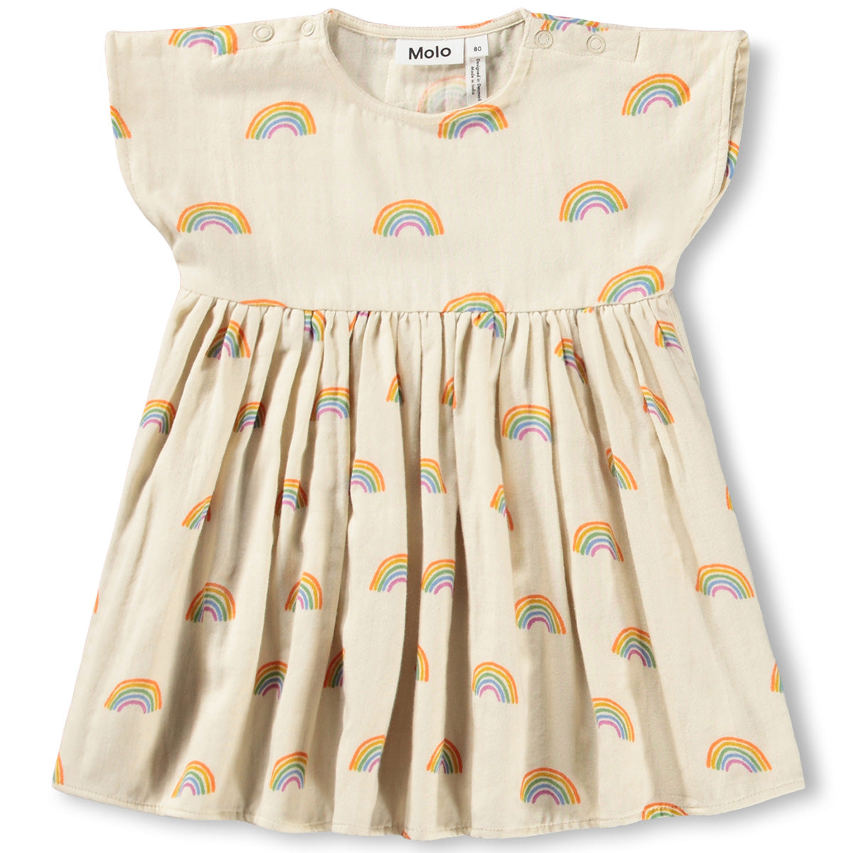 The Channi Dress from Molo. Cream-colored dress for the little ones made of organic cotton with a rainbow print.
