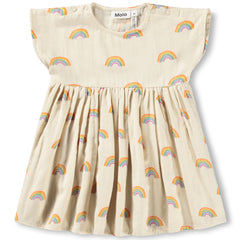 The Channi Dress from Molo. Cream-colored dress for the little ones made of organic cotton with a rainbow print.