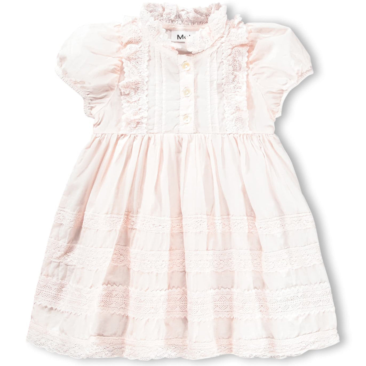 Carnation Dress from Molo in soft pink with lace trim, short puff sleeves, ruffled neckline, and gathered skirt