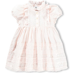 Carnation Dress from Molo in soft pink with lace trim, short puff sleeves, ruffled neckline, and gathered skirt