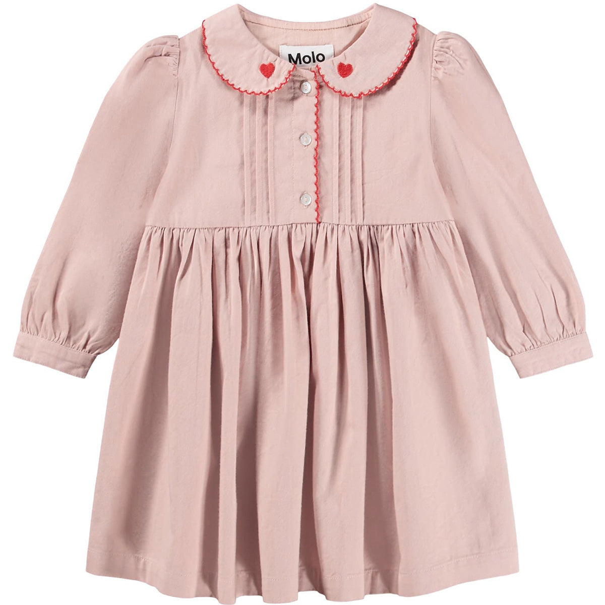 The Charlette Dress from Molo, blush pink girls dress with heart embroidered collar and gathered skirt.