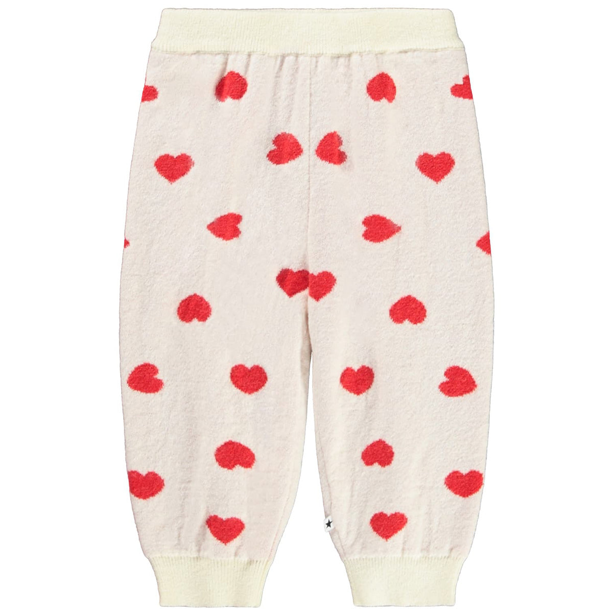 Solana Pants by Molo cream fleece kids pants with red heart print and ribbed cuffs