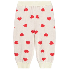 Solana Pants by Molo cream fleece kids pants with red heart print and ribbed cuffs