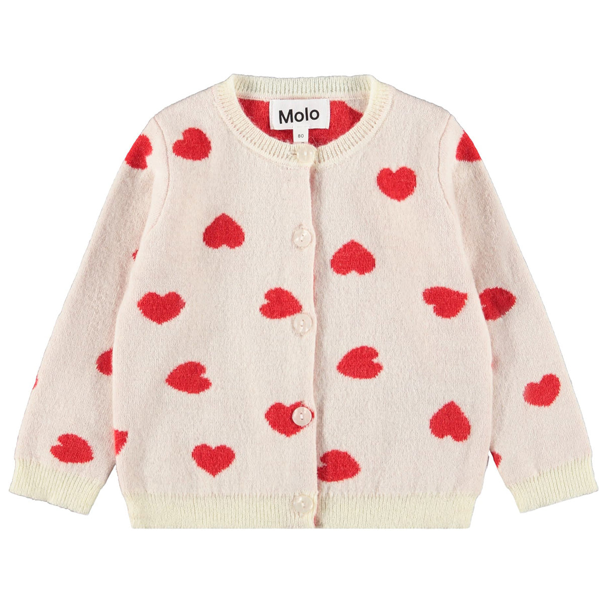 Goldie Cardigan by Molo cream knit toddler cardigan with red heart pattern and button front