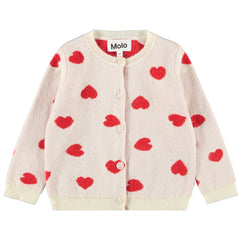 Goldie Cardigan by Molo cream knit toddler cardigan with red heart pattern and button front