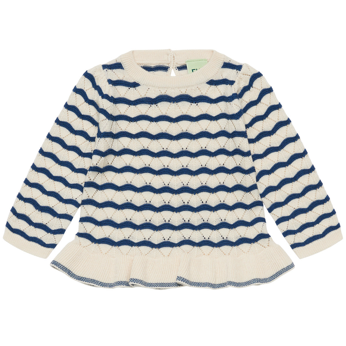 The Baby Pointelle Tee from FUB featuring a pointelle knit pattern, long sleeves, a wide frill hem, and back shell buttons.