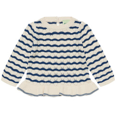 The Baby Pointelle Tee from FUB featuring a pointelle knit pattern, long sleeves, a wide frill hem, and back shell buttons.