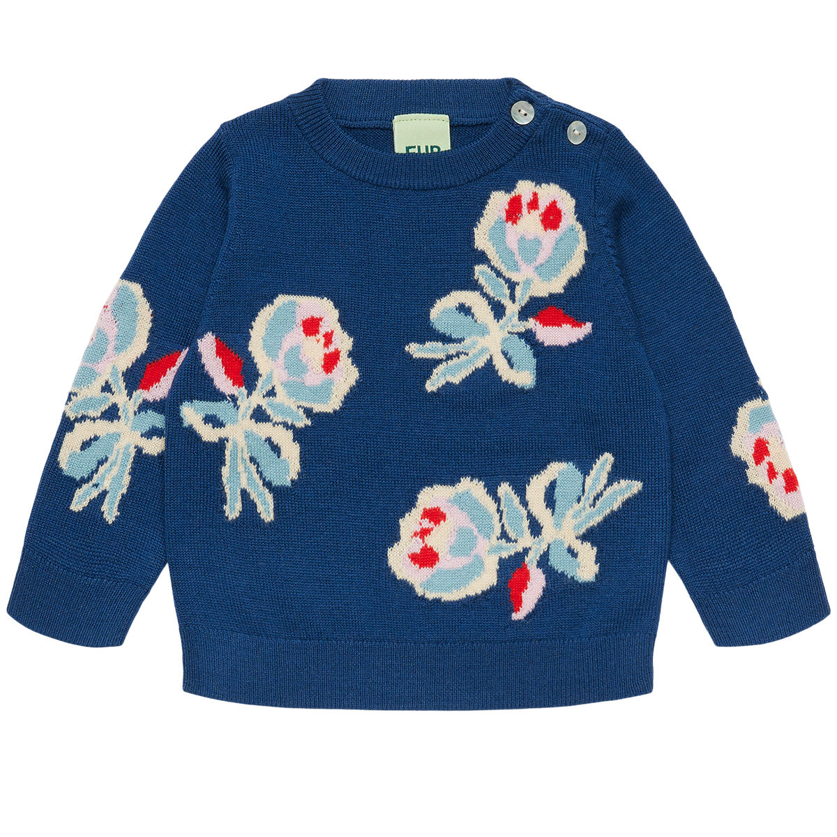 The Baby Jaquard Crew from FUB featuring a botanical jacquard knit pattern, round neckline, and shoulder shell buttons.