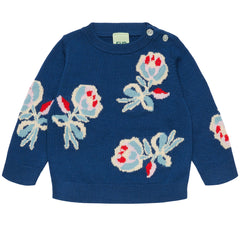 The Baby Jaquard Crew from FUB featuring a botanical jacquard knit pattern, round neckline, and shoulder shell buttons.