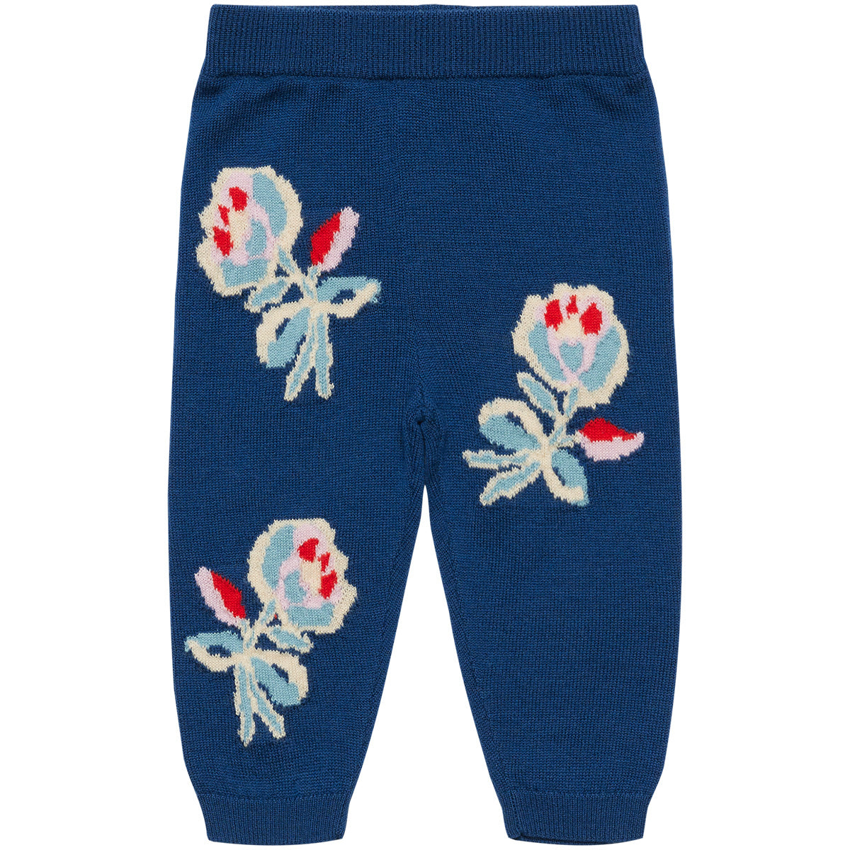 The Baby Jaquard Pants from FUB featuring a botanical jacquard pattern, low crotch fit, elastic waist, and ribbed cuffs.