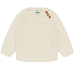 The Baby Harlekin Crew from FUB featuring a harlequin knit pattern, ribbed crewneck and trims, and shoulder corozo buttons.
