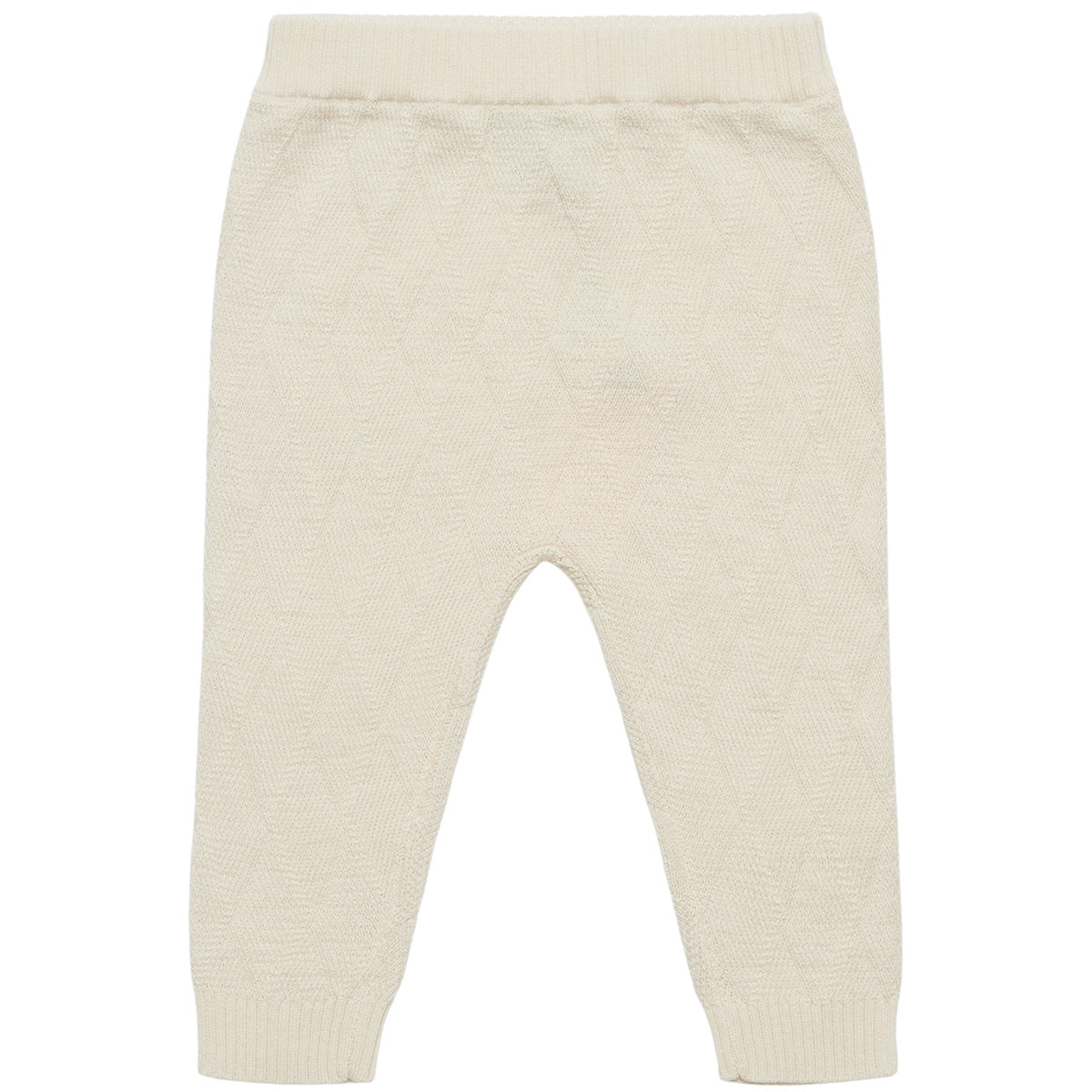The Baby Harlekin Pants from FUB featuring a harlequin knit pattern, relaxed low crotch, elastic waist, and ribbed leg cuffs.