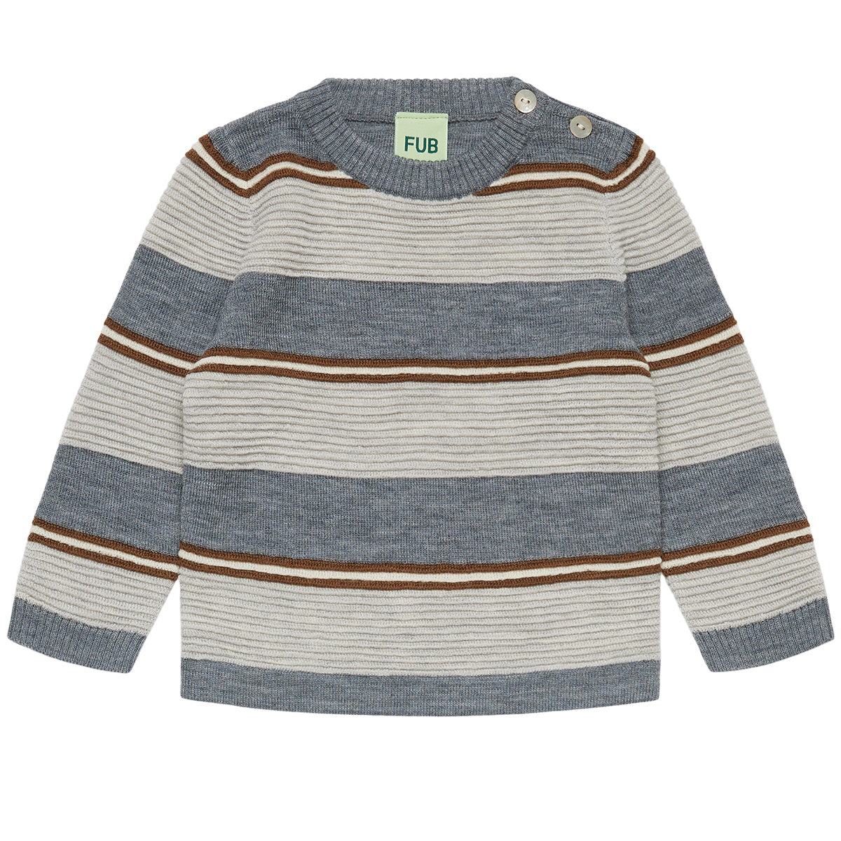 The Baby Ottoman Crew from FUB featuring a textured stripe knit pattern, round neckline, and shoulder shell button placket.