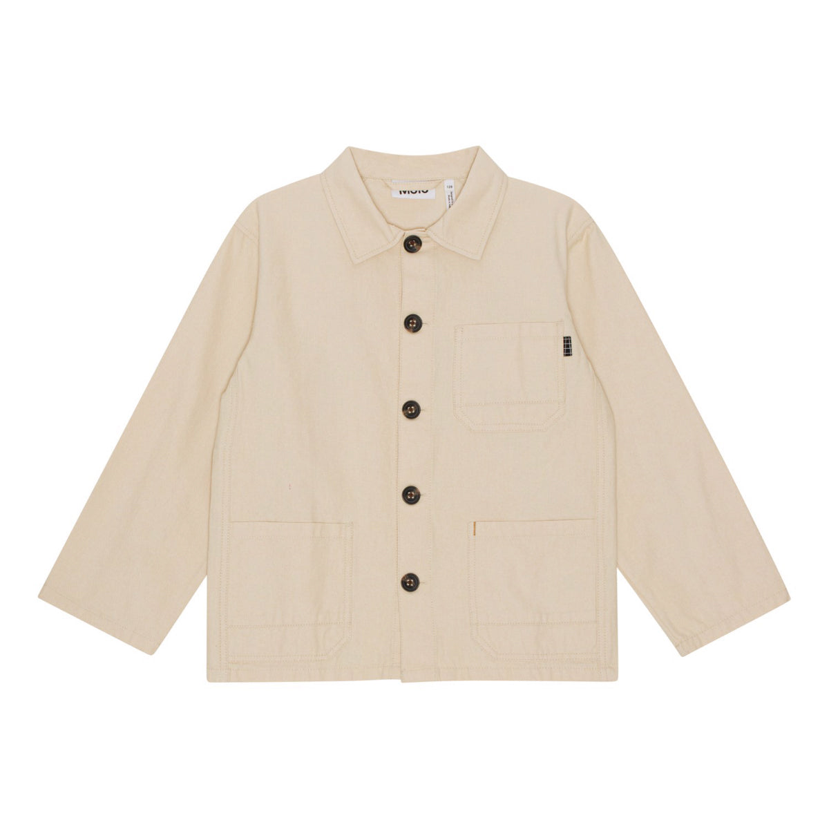 Halley Jacket from Molo is a beige cotton jacket with a collar and patch pockets on the front.