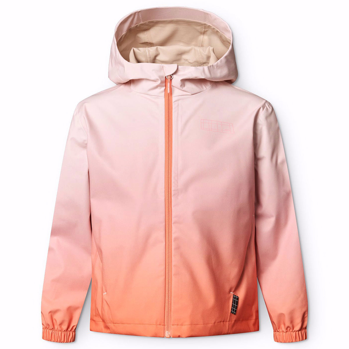 The Horizon Jacket from Molo. This stylish hooded jacket features a stunning pink-to-orange ombre gradient
