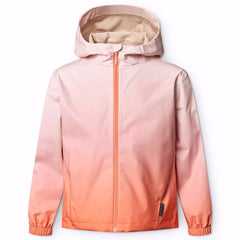 The Horizon Jacket from Molo. This stylish hooded jacket features a stunning pink-to-orange ombre gradient
