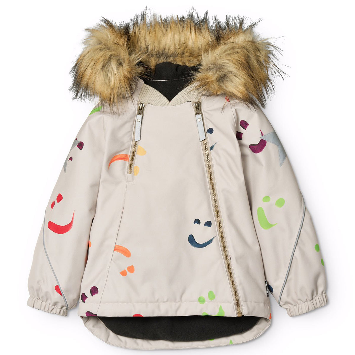 The Hopla Fur from Molo. Beige winter jacket with playful multicolor smiley face prints.