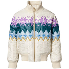 The Henna Jacket from Molo. Cream quilted bomber jacket with colorful geometric pattern. 