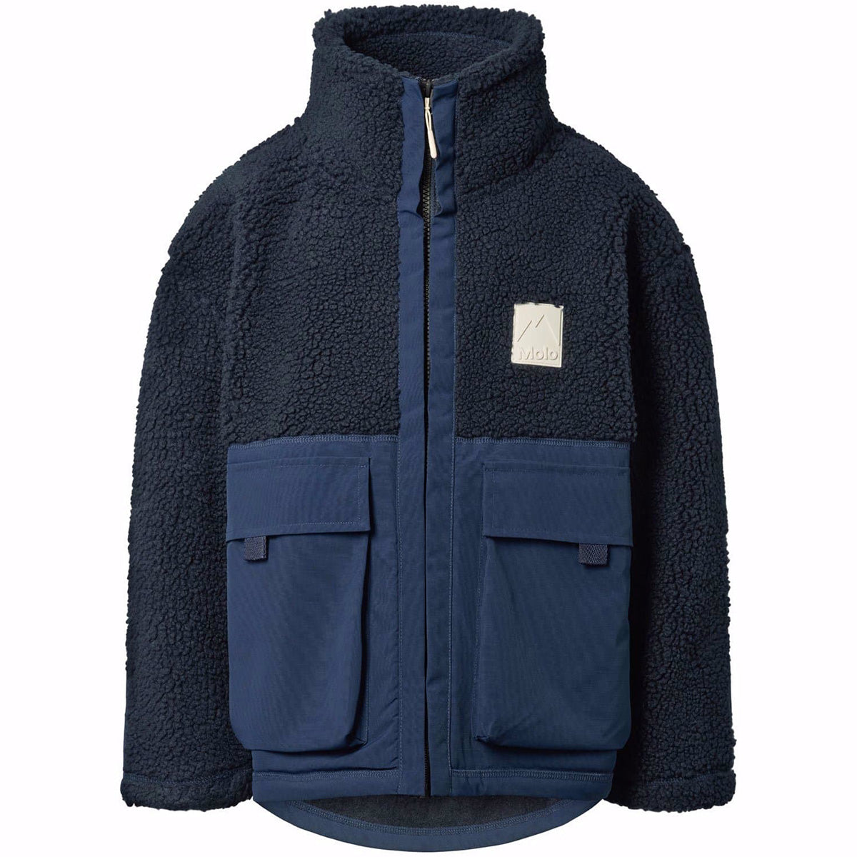 Utha Fleece Jacket by Molo navy kids fleece jacket with nylon pockets, high collar and front zipper