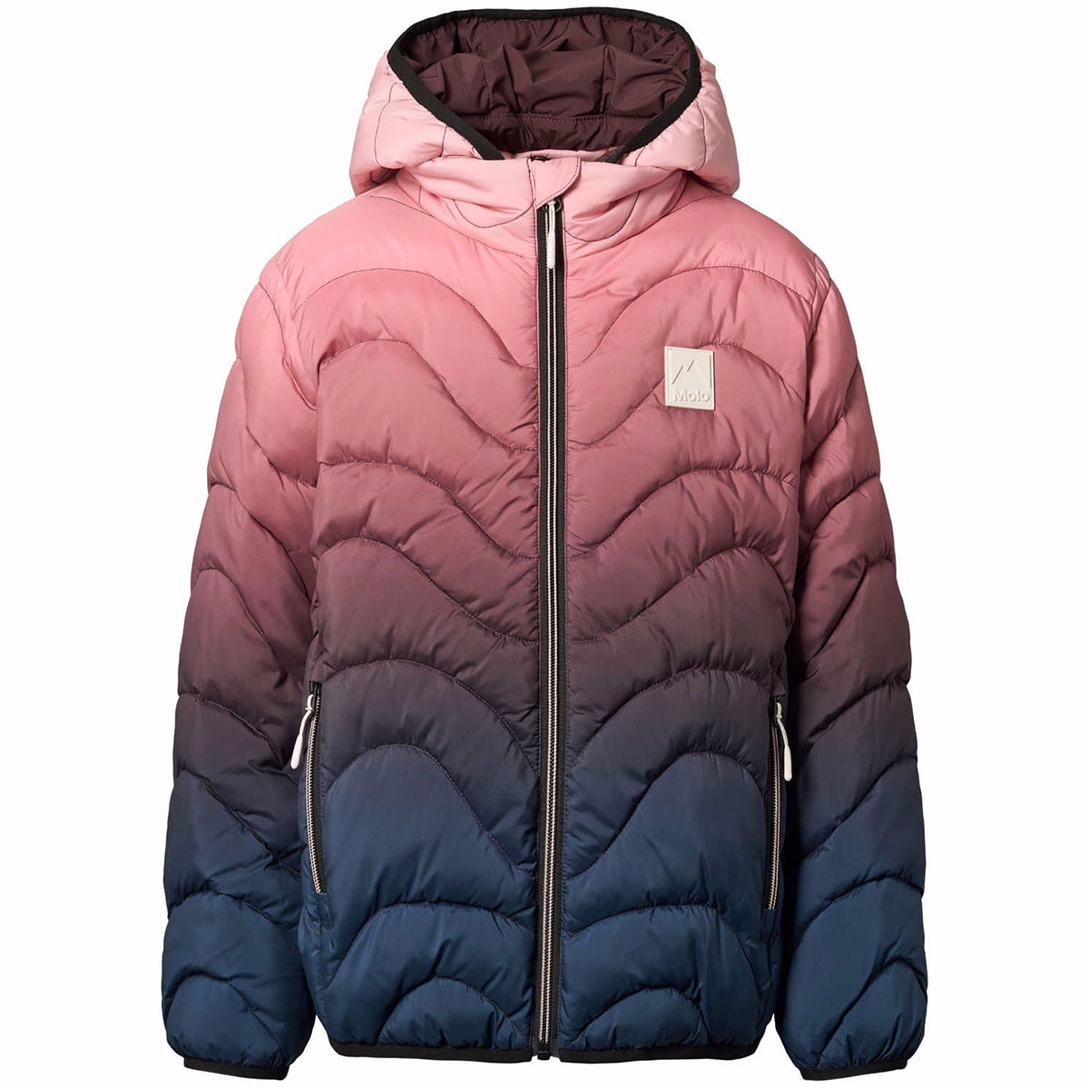 Hao Jacket by Molo pink blue ombre kids puffer jacket with wavy quilting, hood and zip pockets