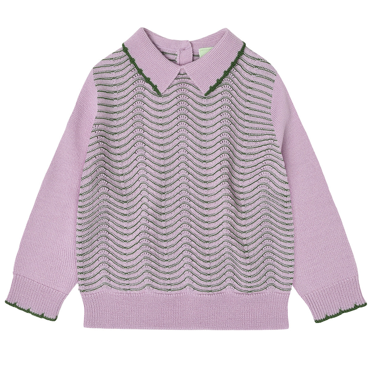 The Baby Pointelle Blouse from FUB. The body is knitted in a decorative pointelle pattern.