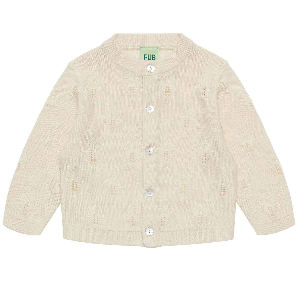 The Baby Leaf Cardigan from FUB featuring a textured leaf knit pattern, round neck, shell buttons, and ribbed trims.