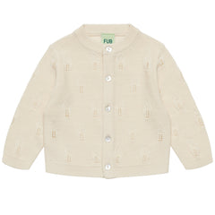 The Baby Leaf Cardigan from FUB featuring a textured leaf knit pattern, round neck, shell buttons, and ribbed trims.