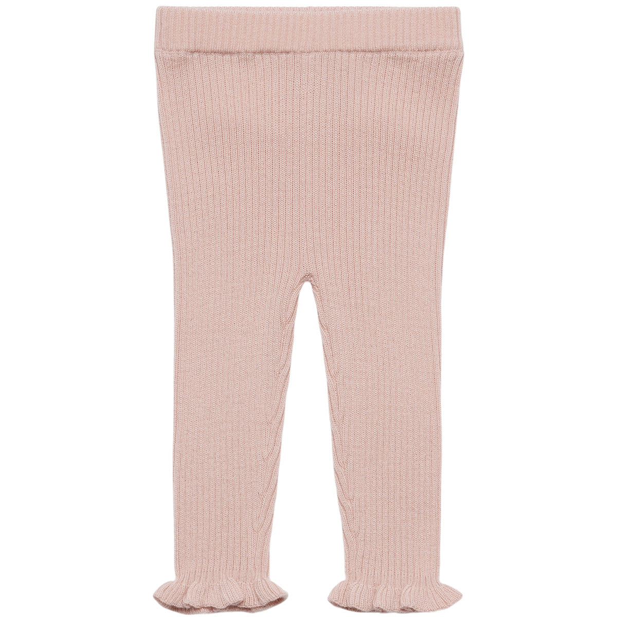 The Baby Ruffle Leggings from FUB featuring a fine rib knit, stretchy elastic waist, and delicate ruffle leg opening trims.