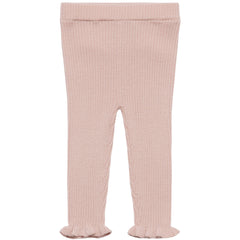 The Baby Ruffle Leggings from FUB featuring a fine rib knit, stretchy elastic waist, and delicate ruffle leg opening trims.