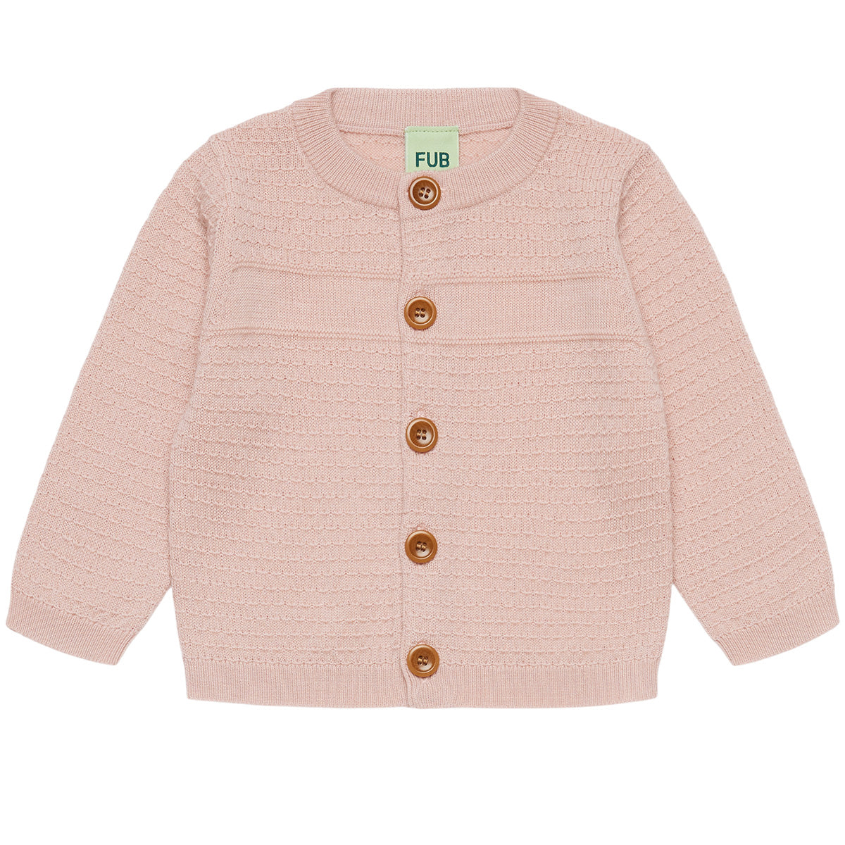 The Baby Cardigan from FUB featuring a textured knit with a plain front panel, long sleeves, and corozo button closure.