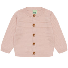 The Baby Cardigan from FUB featuring a textured knit with a plain front panel, long sleeves, and corozo button closure.
