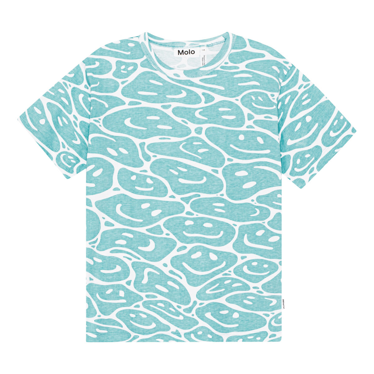 The Riley Tee from Molo. Organic cotton t-shirt with in turquoise and white in an all over print of smiling faces