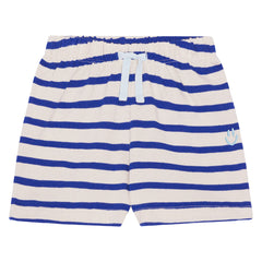 The Skie Shorts from Molo. Sand coloured and blue striped shorts for small children in soft, organic cotton jersey