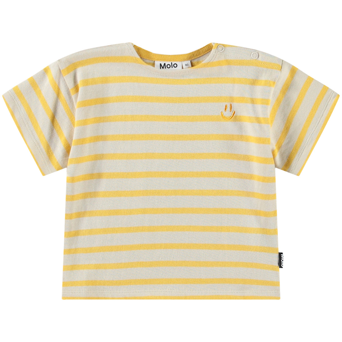 The Eivor Tee from Molo. Striped t-shirt in a loose fit and has a round neck with an easy, two-snap closure on the left shoulder.