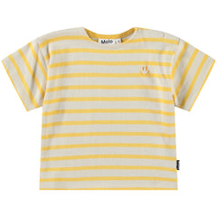 The Eivor Tee from Molo. Striped t-shirt in a loose fit and has a round neck with an easy, two-snap closure on the left shoulder.