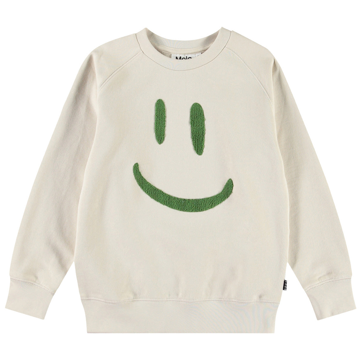 Mike Sweatshirt from Molo. White sweatshirt with raglan sleeves, ribbed edges, smiling embroidery on the front.