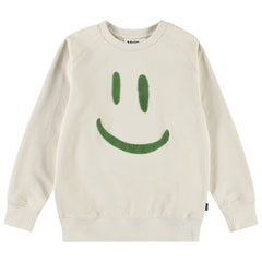 Mike Sweatshirt from Molo. White sweatshirt with raglan sleeves, ribbed edges, smiling embroidery on the front.