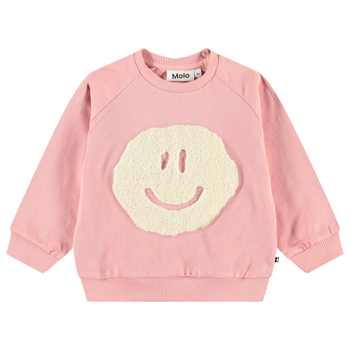 Disc Sweatshirt from Molo features raglan sleeves, ribbed edges, and a round neckline with button closure