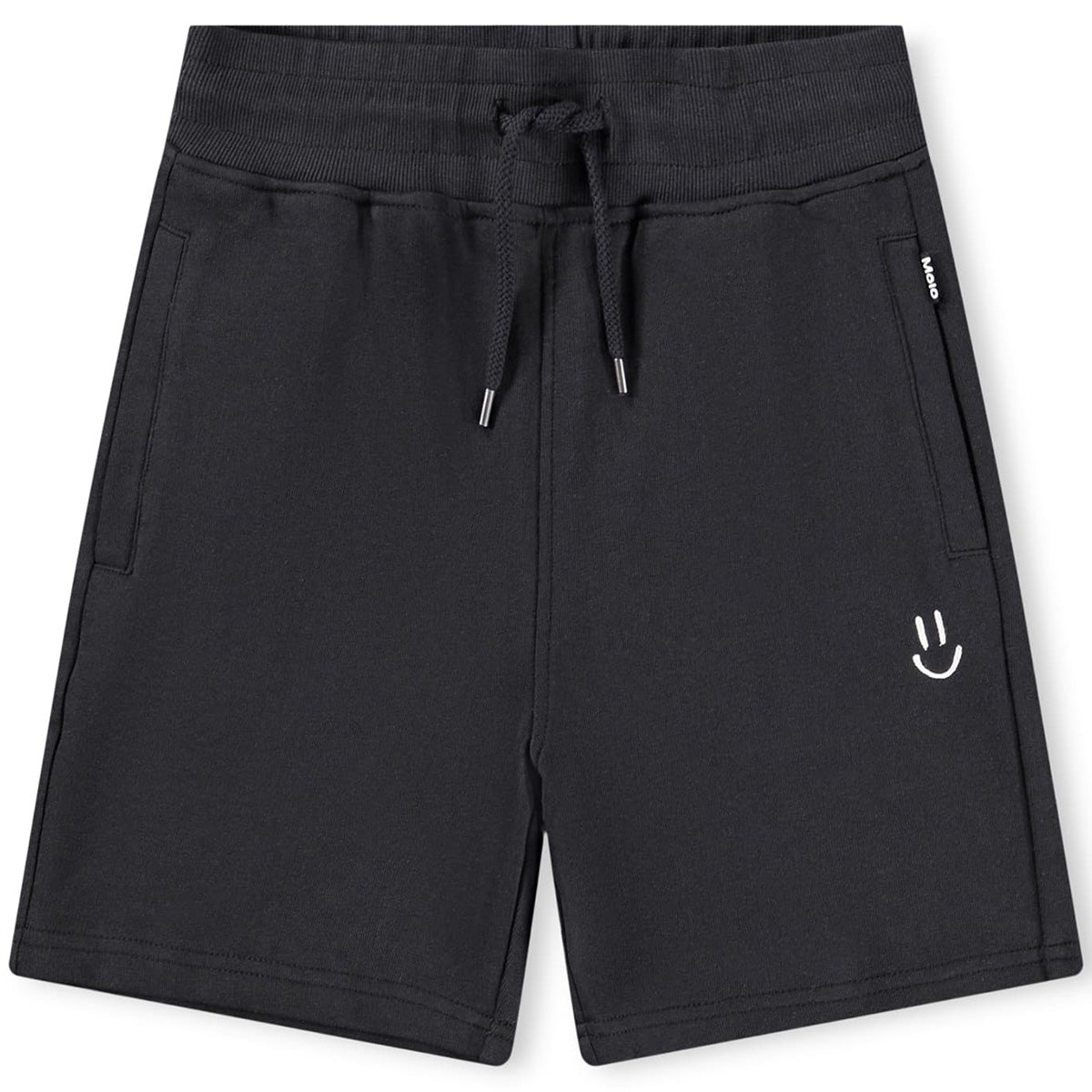 Alw Shorts from Molo in black with elastic drawstring waist, side pockets, and small white smile graphic on the leg